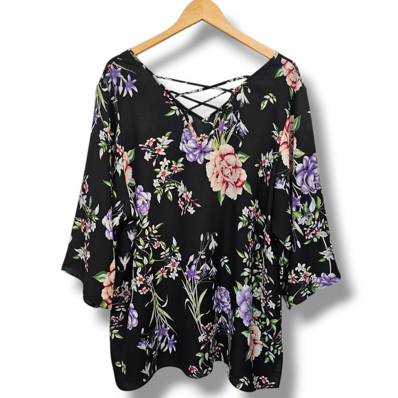 Avenue Tops - Avenue Black Dark Floral Top Womens 18/20 Lattice Back V-Neck 3/4 Sleeve Career